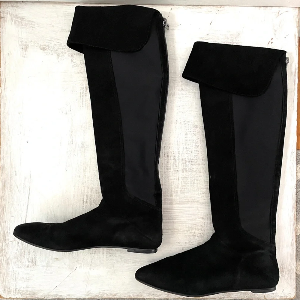 Tory Burch Black Suede Leather Knee-High Riding Boots Fold Over Size 9M